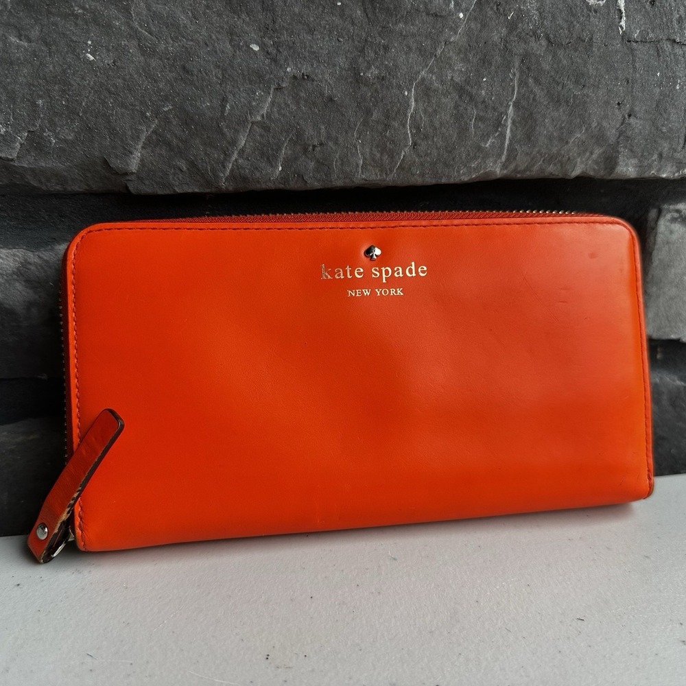Kate Spade Morgan Large Orange Full Zip Around Wallet Boho Hippie Retro Chic GUC